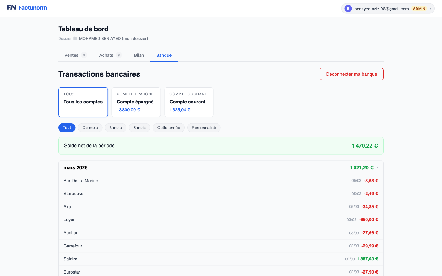 Connexion bancaire et transactions FactuNorm