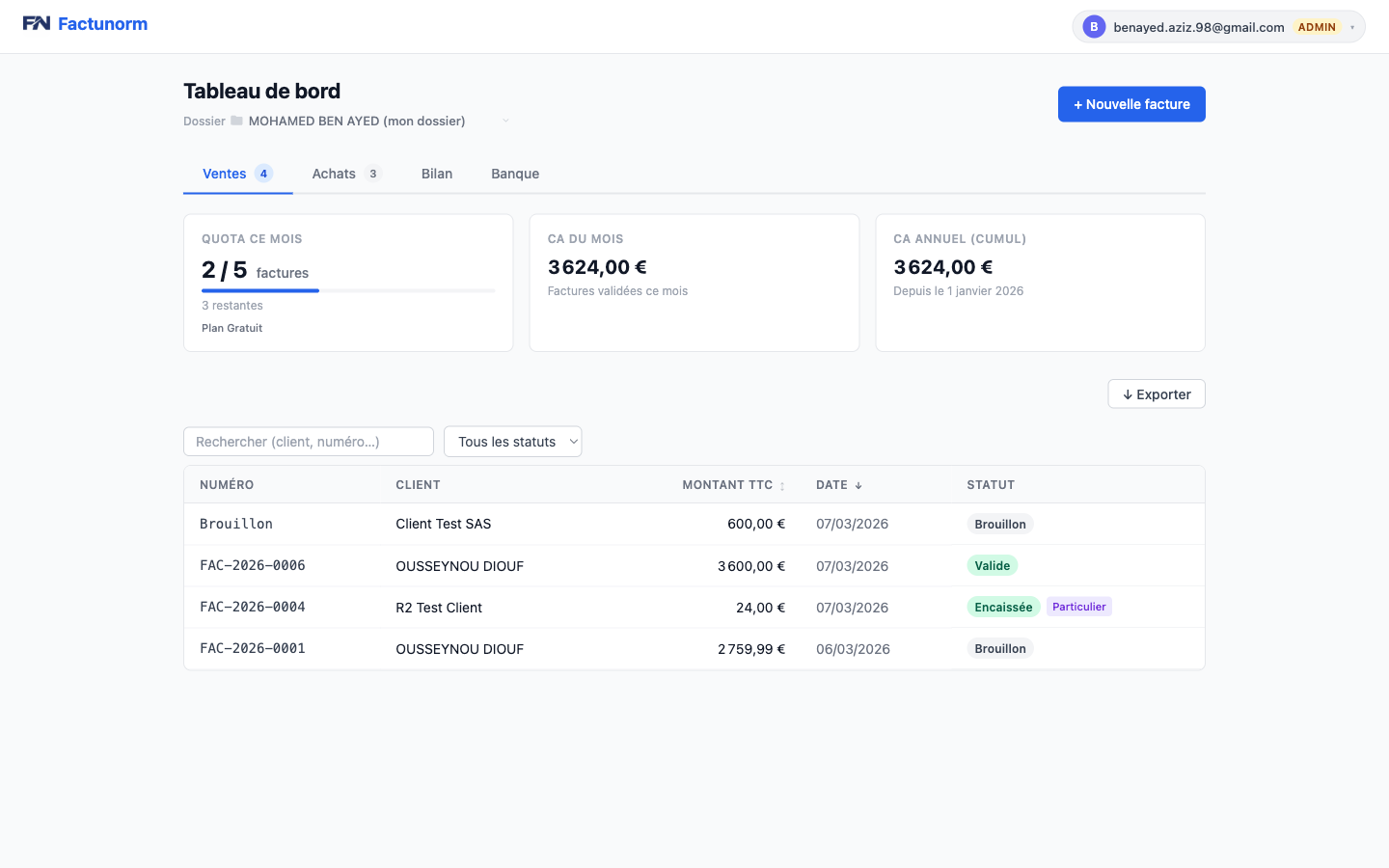 Tableau de bord FactuNorm