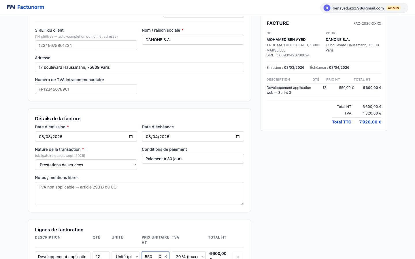 Formulaire de création de facture FactuNorm