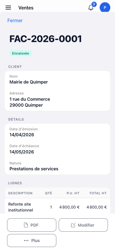 Aperçu facture sur mobile