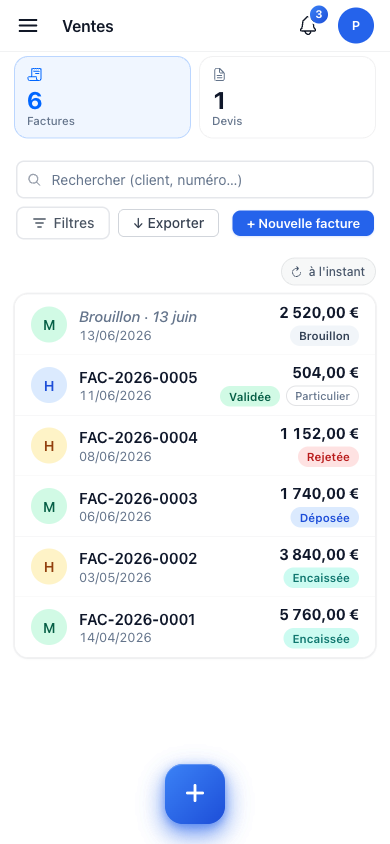 Liste des factures sur mobile