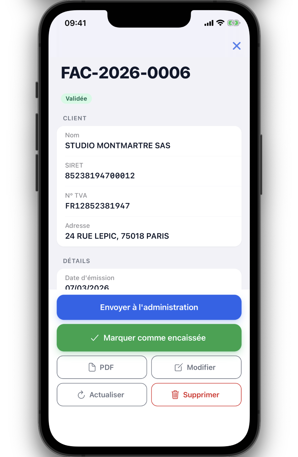 Aperçu facture sur mobile